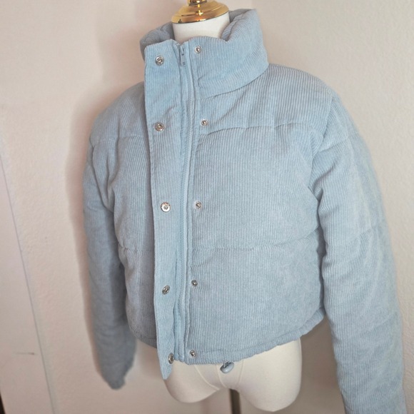 Sky Blue Corduroy Cropped Puffer Jacket Women's Size L - Picture 3 of 15